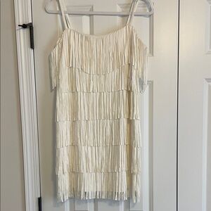 Cream Fringe Spaghetti-Strap Mini Dress